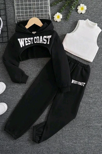 Kız Çocuk Kolsuz Bluz West Coast Baskı Kapüşonlu Crop Kaşkorse 3'lü Siyah Eşofman Takım ürün görseli