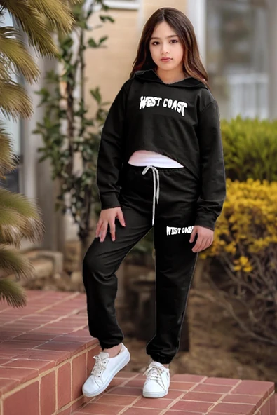 Kız Çocuk Kolsuz Bluz West Coast Baskı Kapüşonlu Crop Kaşkorse 3'lü Siyah Eşofman Takım - Resim 2