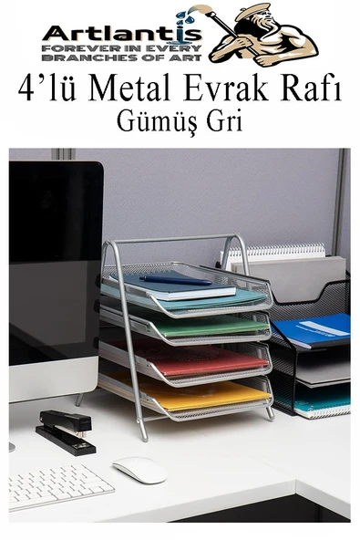4 lü Metal Evrak Rafı Gri 1 Paket Masaüstü A4 Dosya Düzenleyici Kağıt Tepsisi Metal Çelik Fileli Dört Katlı Hareketli - 2