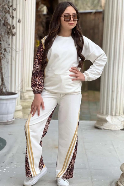 Kız Çocuk Kolları ve Paçaları Leopar Desen, Gold Şerit Detaylı Beyaz Eşofman Takım - 7