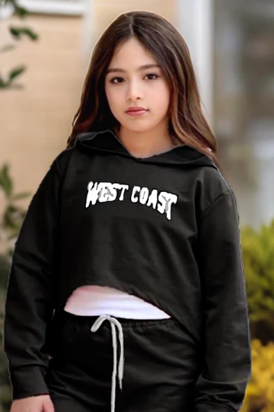 Kız Çocuk Kolsuz Bluz West Coast Baskı Kapüşonlu Crop Kaşkorse 3'lü Siyah Eşofman Takım - Resim 4