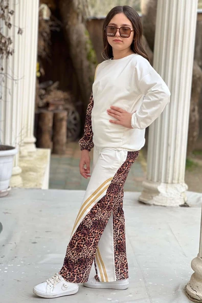 Kız Çocuk Kolları ve Paçaları Leopar Desen, Gold Şerit Detaylı Beyaz Eşofman Takım - 2