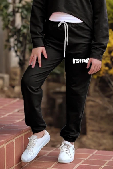 Kız Çocuk Kolsuz Bluz West Coast Baskı Kapüşonlu Crop Kaşkorse 3'lü Siyah Eşofman Takım - Resim 5