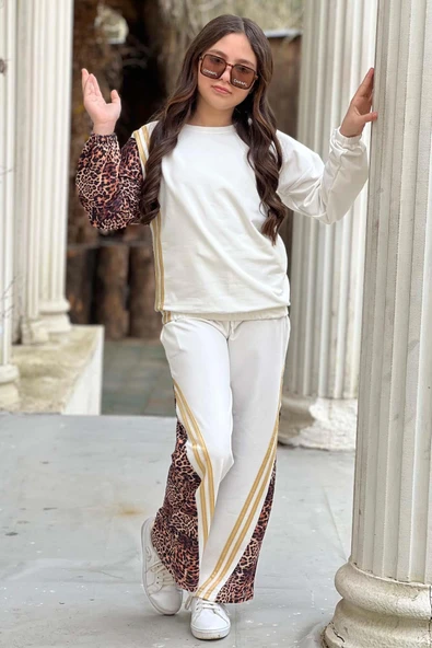 Kız Çocuk Kolları ve Paçaları Leopar Desen, Gold Şerit Detaylı Beyaz Eşofman Takım - 5
