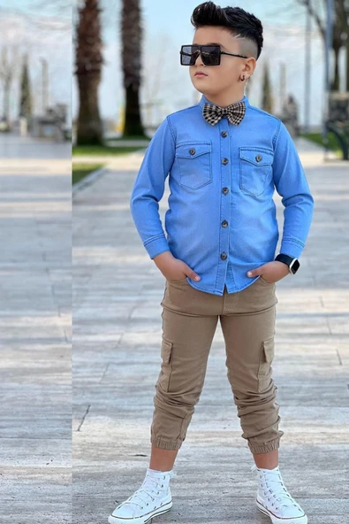 Erkek Çocuk Kapak Cepli Jean Gömlek Kargo Cep Detaylı Lastikli Pantolon Papyonlu Alt Üst Takım