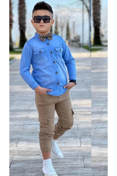 Erkek Çocuk Kapak Cepli Jean Gömlek Kargo Cep Detaylı Lastikli Pantolon Papyonlu Alt Üst Takım - 3