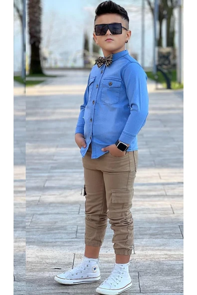 Erkek Çocuk Kapak Cepli Jean Gömlek Kargo Cep Detaylı Lastikli Pantolon Papyonlu Alt Üst Takım - 2