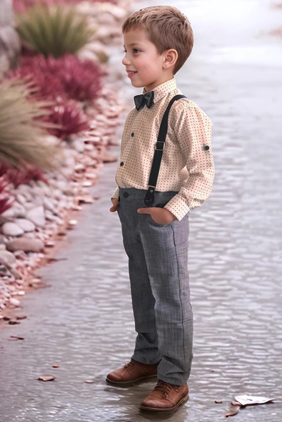 Erkek Bebek Desenli Gömlek, Papyon ve Askılı Mavi Pantolon Alt Üst Takım - Resim 3