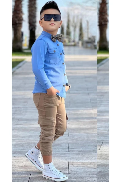 Erkek Çocuk Kapak Cepli Jean Gömlek Kargo Cep Detaylı Lastikli Pantolon Papyonlu Alt Üst Takım - 4