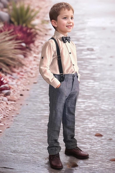 Erkek Bebek Desenli Gömlek, Papyon ve Askılı Mavi Pantolon Alt Üst Takım - Resim 2