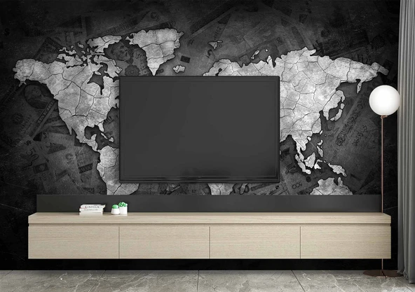 Siyah Dünya Haritası Duvar Kağıdı - Resim 3