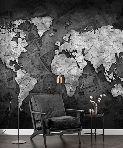 Siyah Dünya Haritası Duvar Kağıdı - Resim 6
