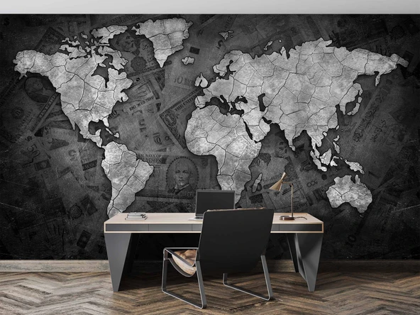 Siyah Dünya Haritası Duvar Kağıdı - Resim 4