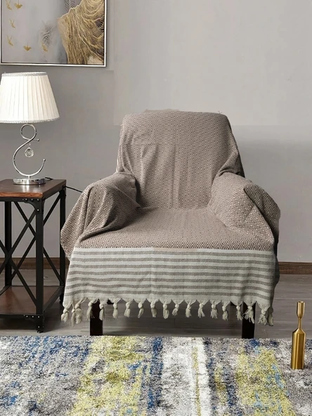 Buldan İşi Kolları Örten Pamuklu Tekli Koltuk Berjer Örtüsü 180x150 cm Pamuk Dokuma (Kahverengi) ürün görseli