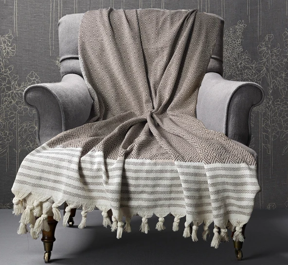 Buldan İşi Kolları Örten Pamuklu Tekli Koltuk Berjer Örtüsü 180x150 cm Pamuk Dokuma (Kahverengi) - Resim 2