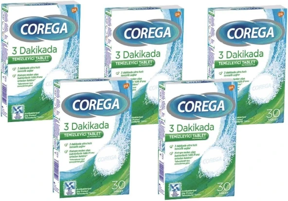 Corega 3 Dakikada 30'lu 5 Adet Protez Temizleme Tableti