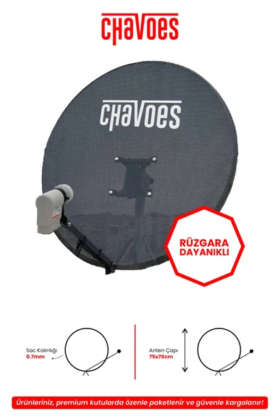 Chavoes Çanak Anten 70-75 cm + Tekli LNB Delikli Rüzgara ve kara karşı dayanıklı 7 mm saç kalınlıgı