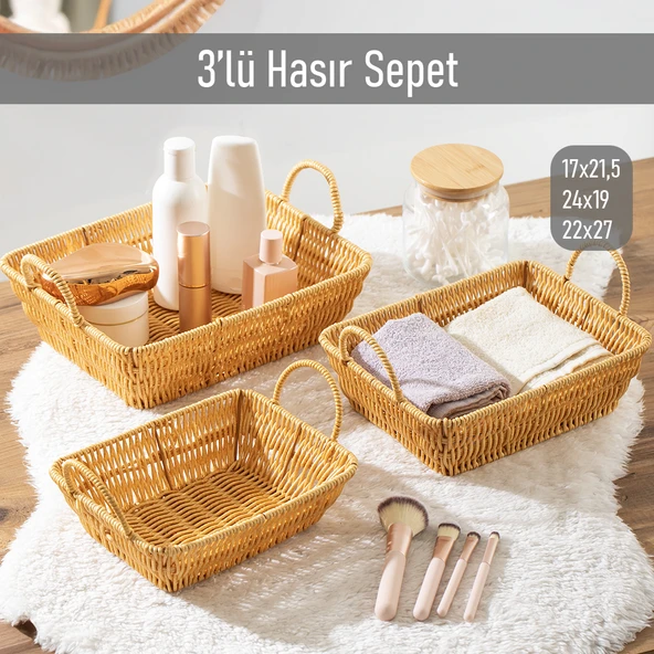 Porsima 301-B Dikdörtgen 3'lü Hasır Sepet Dekoratif Ev Düzenleyici Kendinden Kulplu Hasır Sepet Seti Banyo Düzenleyici Sepet