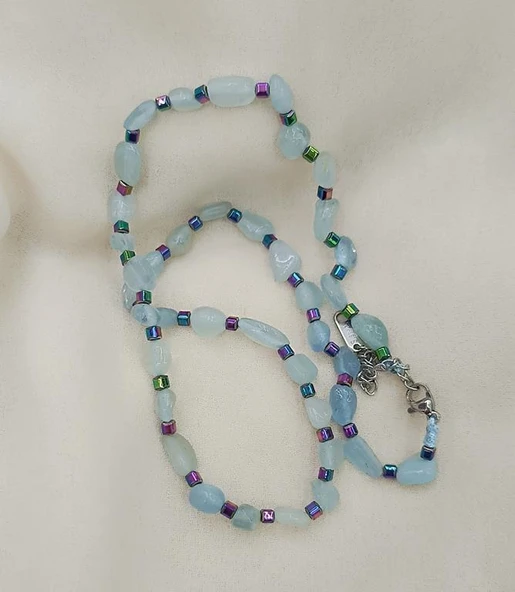 Kolye Çelik Dogaltaş Akuamarin Kadın Kız Takı Gerdanlık Düğün Nişan - 3