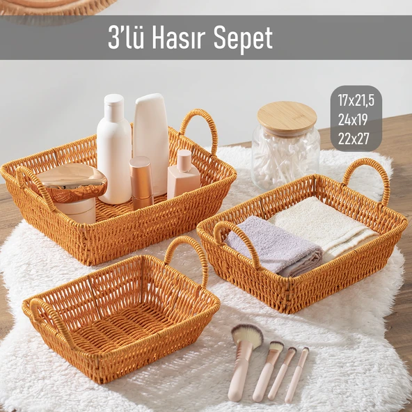 Porsima 301-A Dikdörtgen 3'lü Hasır Sepet Dekoratif Ev Düzenleyici Kendinden Kulplu Hasır Sepet Seti Banyo Düzenleyici Sepet