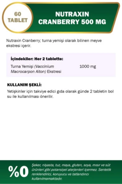 Nutraxin Cranberry 500 mg Takviye Edici Gıda 60 Tablet