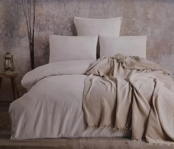 MİLUE ÇİFT KİŞİLİK PİKELİ NAKIŞLI NEVRESİM TAKIMI KREM - Resim 2