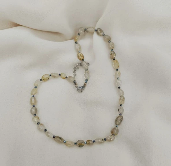 Kolye Çelik Dogaltaş Rutil Kuvars Kadın Kız Takı Gerdanlık Düğün Nişan - 2