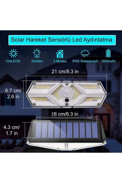Greentech Güneş Enerjili Hareket Sensörlü, 6 Taraflı 104 Led Aydınlatma / GT-SL13 - 3