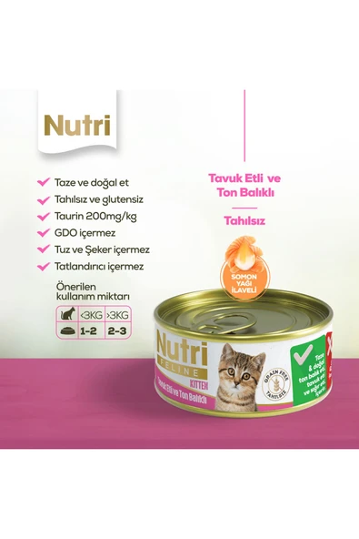 Yavru Kediler İçin Tavuk Etli ve Ton Balıklı 85gr Tahılsız Kitten Yaş Maması