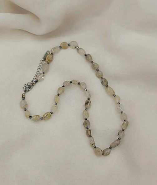 Kolye Çelik Dogaltaş Rutil Kuvars Kadın Kız Takı Gerdanlık Düğün Nişan - 3