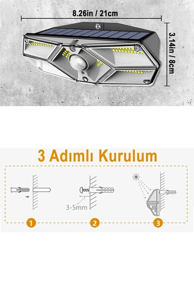 Greentech Güneş Enerjili Hareket Sensörlü, 6 Taraflı 104 Led Aydınlatma / GT-SL13 - 5