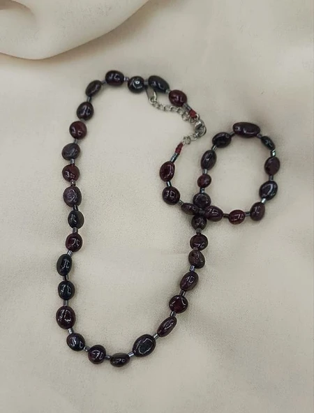 Kolye Çelik Dogaltaş Rutil Lal ( Garnet )Kadın Kız Takı Gerdanlık Düğün Nişan - 2