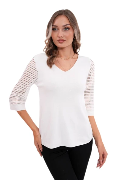 Kadın V Yaka Kol Fileli Kazak 12767 BGL-ST04222 - Resim 3