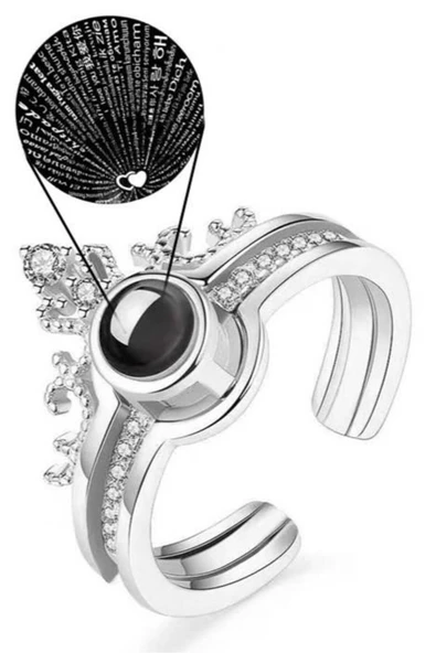 100 Dilde Seni Seviyorum Paslanmaz Çelik Gümüş Renk Kraliçe Tacı Projeksiyon Sevgiliye Özel Çift Yüzük