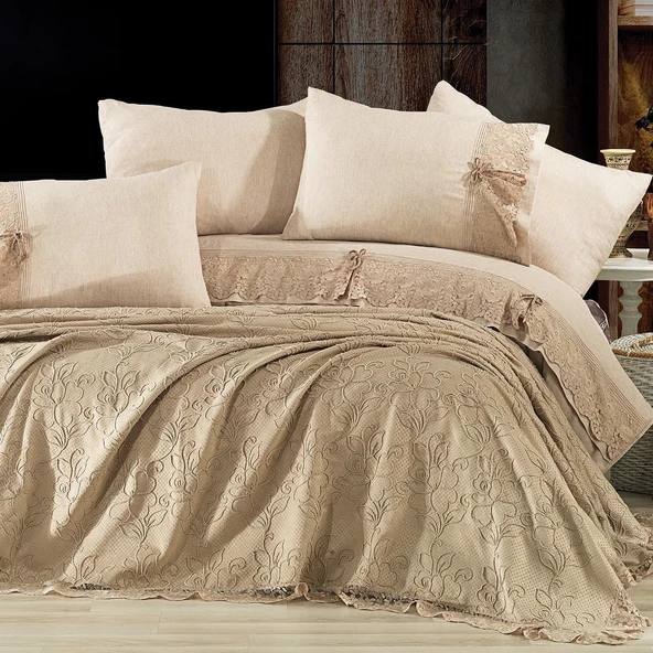 NAZİK 7 PARÇA PİKELİ NEVRESİM TAKIMI GELİN SETİ ROSELLA BEJ - Resim 4