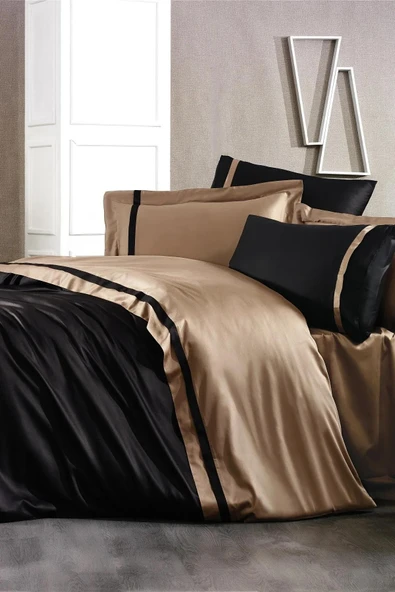 NAZİK SATEN NEVRESİM TAKIMI ÇİFT KİŞİLİK ELİTE SİYAH/KAHVE - Resim 2