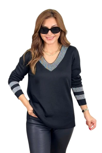 Kadın V Yaka Kol Yaka Simli Kazak 12785 BGL-ST04223 - Resim 11