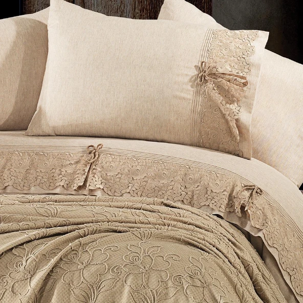 NAZİK 7 PARÇA PİKELİ NEVRESİM TAKIMI GELİN SETİ ROSELLA BEJ - Resim 5