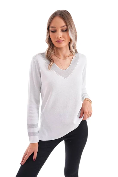 Kadın V Yaka Kol Yaka Simli Kazak 12785 BGL-ST04223 - Resim 4