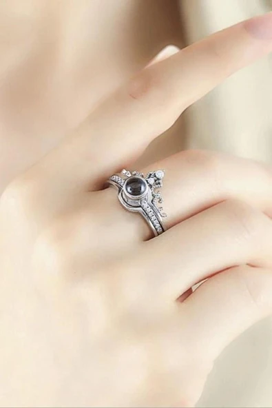 100 Dilde Seni Seviyorum Paslanmaz Çelik Gümüş Renk Kraliçe Tacı Projeksiyon Sevgiliye Özel Çift Yüzük - 2