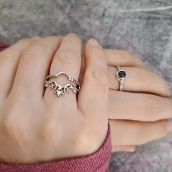 100 Dilde Seni Seviyorum Paslanmaz Çelik Gümüş Renk Kraliçe Tacı Projeksiyon Sevgiliye Özel Çift Yüzük - 3