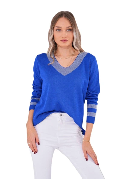 Kadın V Yaka Kol Yaka Simli Kazak 12785 BGL-ST04223 - Resim 5