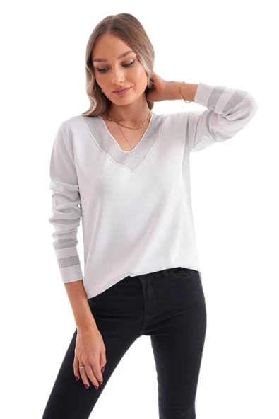 Kadın V Yaka Kol Yaka Simli Kazak 12785 BGL-ST04223 - Resim 3