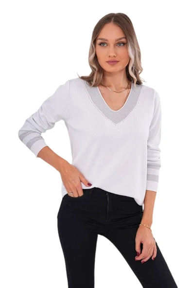 Kadın V Yaka Kol Yaka Simli Kazak 12785 BGL-ST04223 - Resim 2