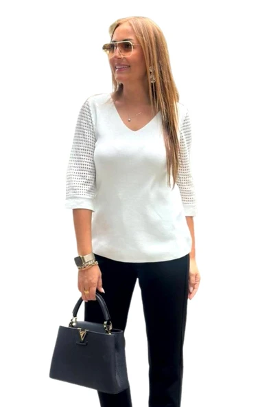 Kadın V Yaka Kol Fileli Kazak 12767 BGL-ST04222 - Resim 4