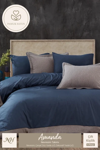 NAZİK SATEN NEVRESİM TAKIMI ÇİFT KİŞİLİK CARİSMA KREM İNDİGO - Resim 2