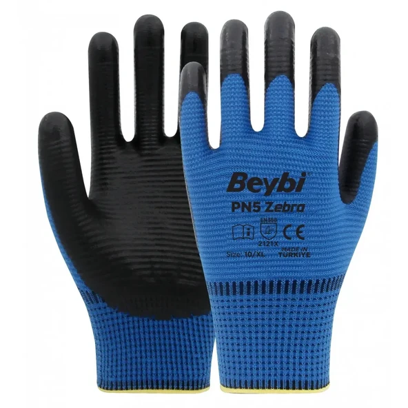 Beybi PN5 Zebra Polyester Örme Nitril Eldiven Mavi - 1