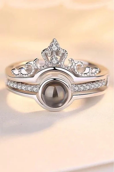 100 Dilde Seni Seviyorum Paslanmaz Çelik Gümüş Renk Kraliçe Tacı Projeksiyon Sevgiliye Özel Çift Yüzük - 10