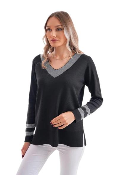 Kadın V Yaka Kol Yaka Simli Kazak 12785 BGL-ST04223 - Resim 9