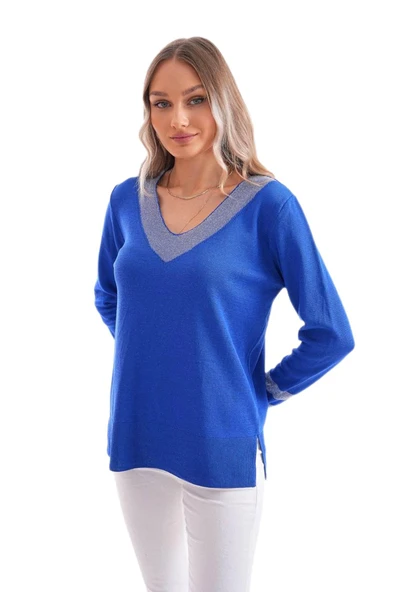 Kadın V Yaka Kol Yaka Simli Kazak 12785 BGL-ST04223 - Resim 6